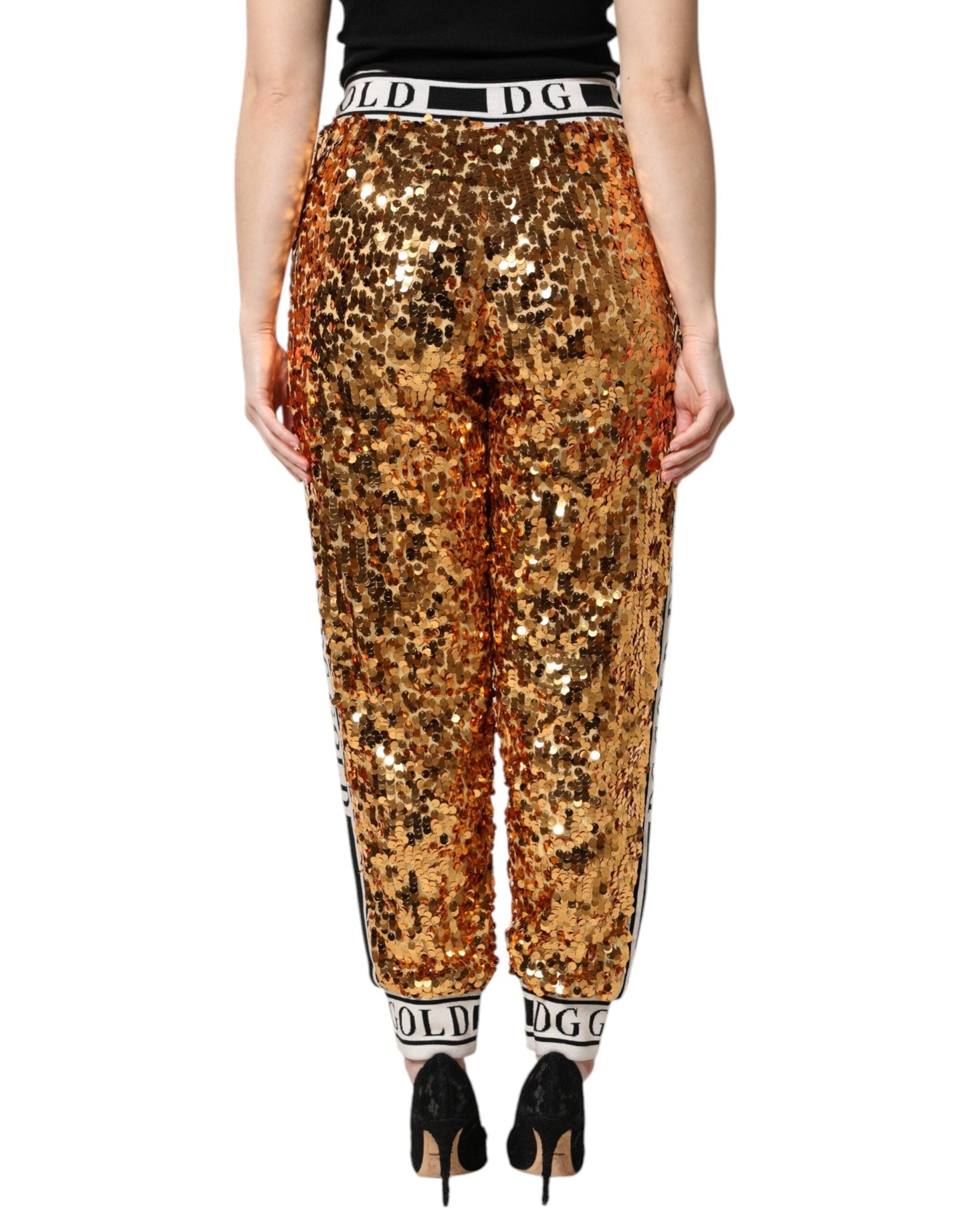 Dolce & Gabbana Metallic Gold DG Logo Sequined Jogger Women's Pants