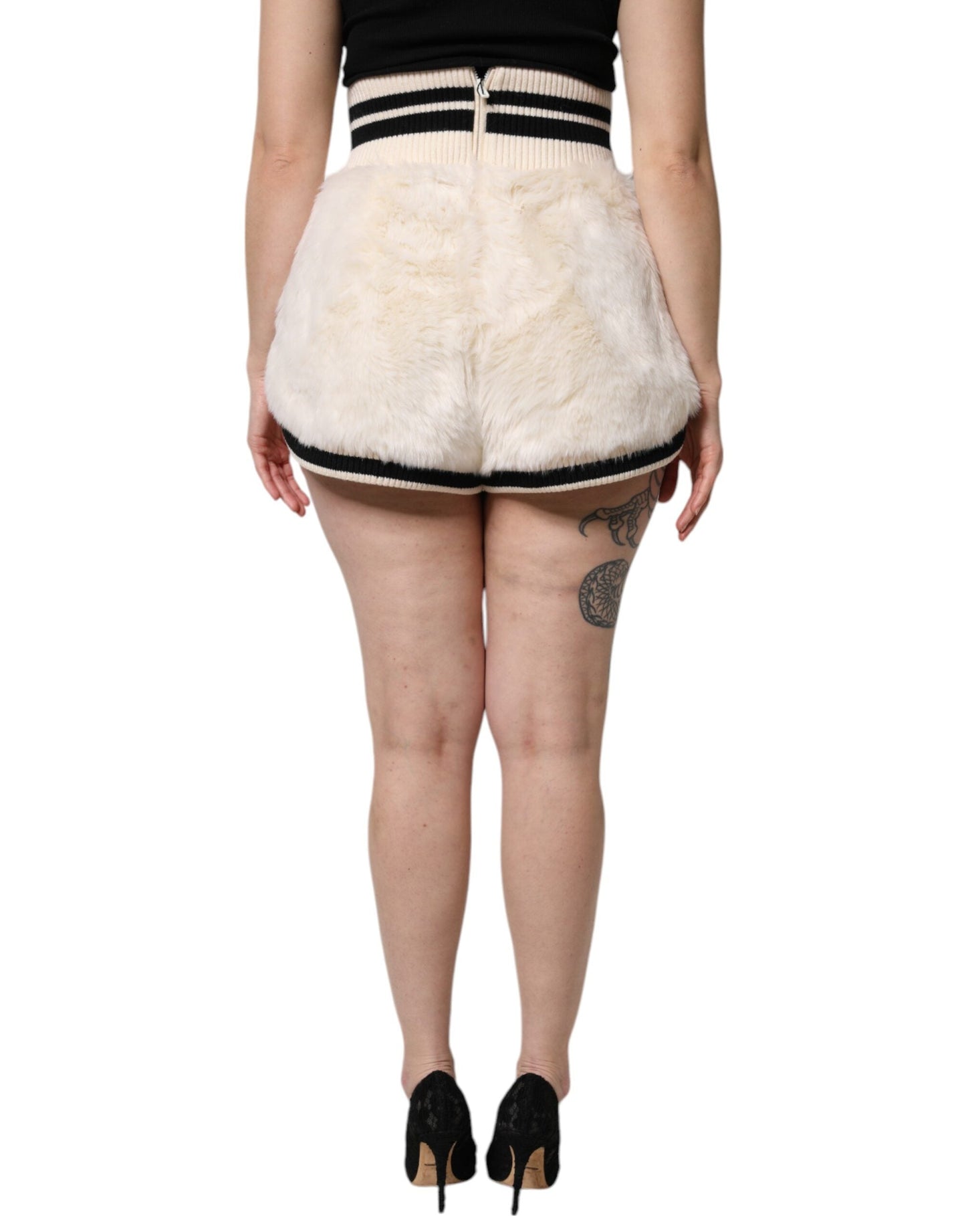 Dolce & Gabbana White Faux Fur High Waisted Hot Pants Women's Short
