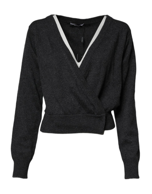 Dolce & Gabbana Grey Cashmere Deep V-neck Pullover Women's Sweater
