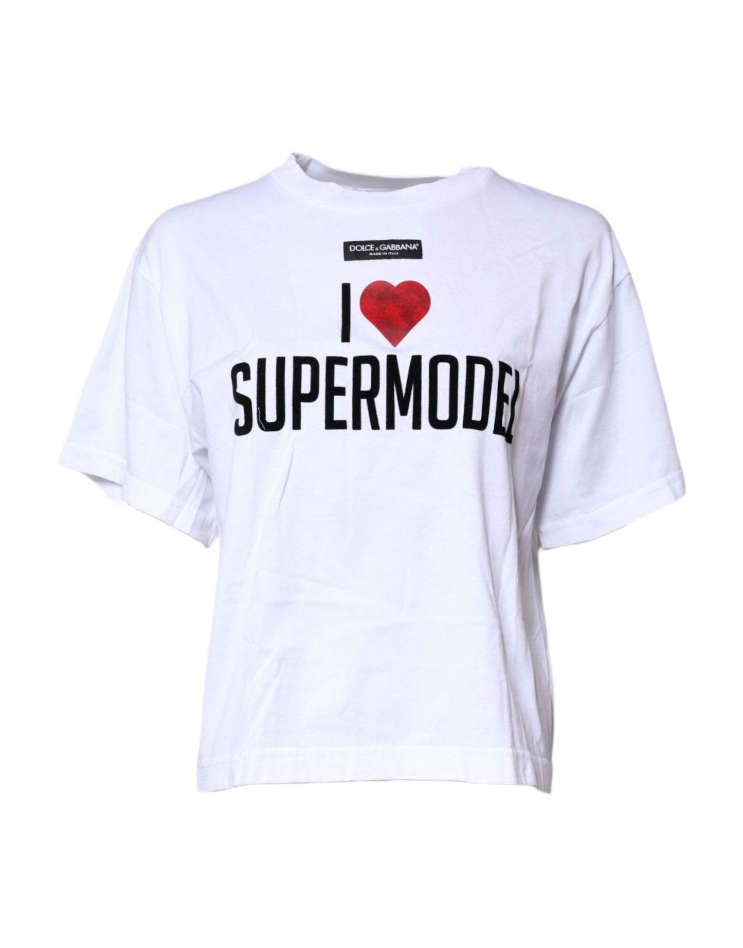 Dolce & Gabbana White Printed Round Neck Top Cotton Women's T-shirt