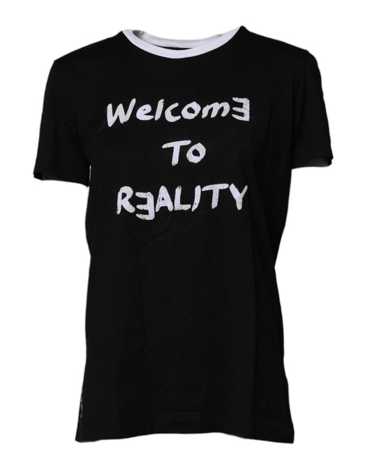 Dolce & Gabbana Black Printed Round Neck Top Cotton Women's T-shirt