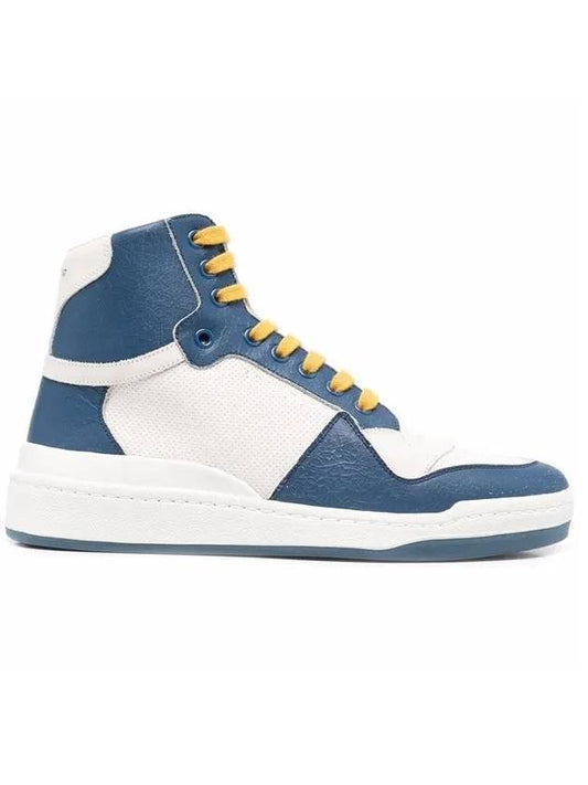 Saint Laurent SL24 Perforated Leather Mid Top Sneakers White Blue