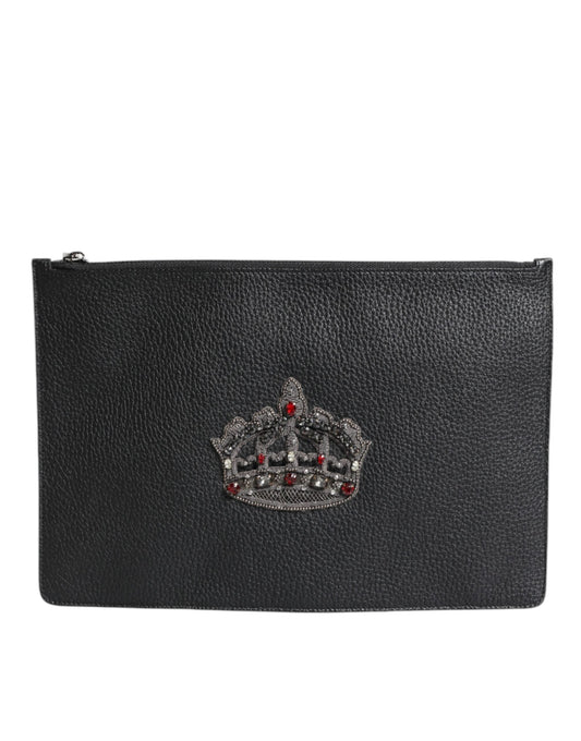 Dolce & Gabbana Black Calfskin Crown Embellished Clutch Pouch Men's Bag