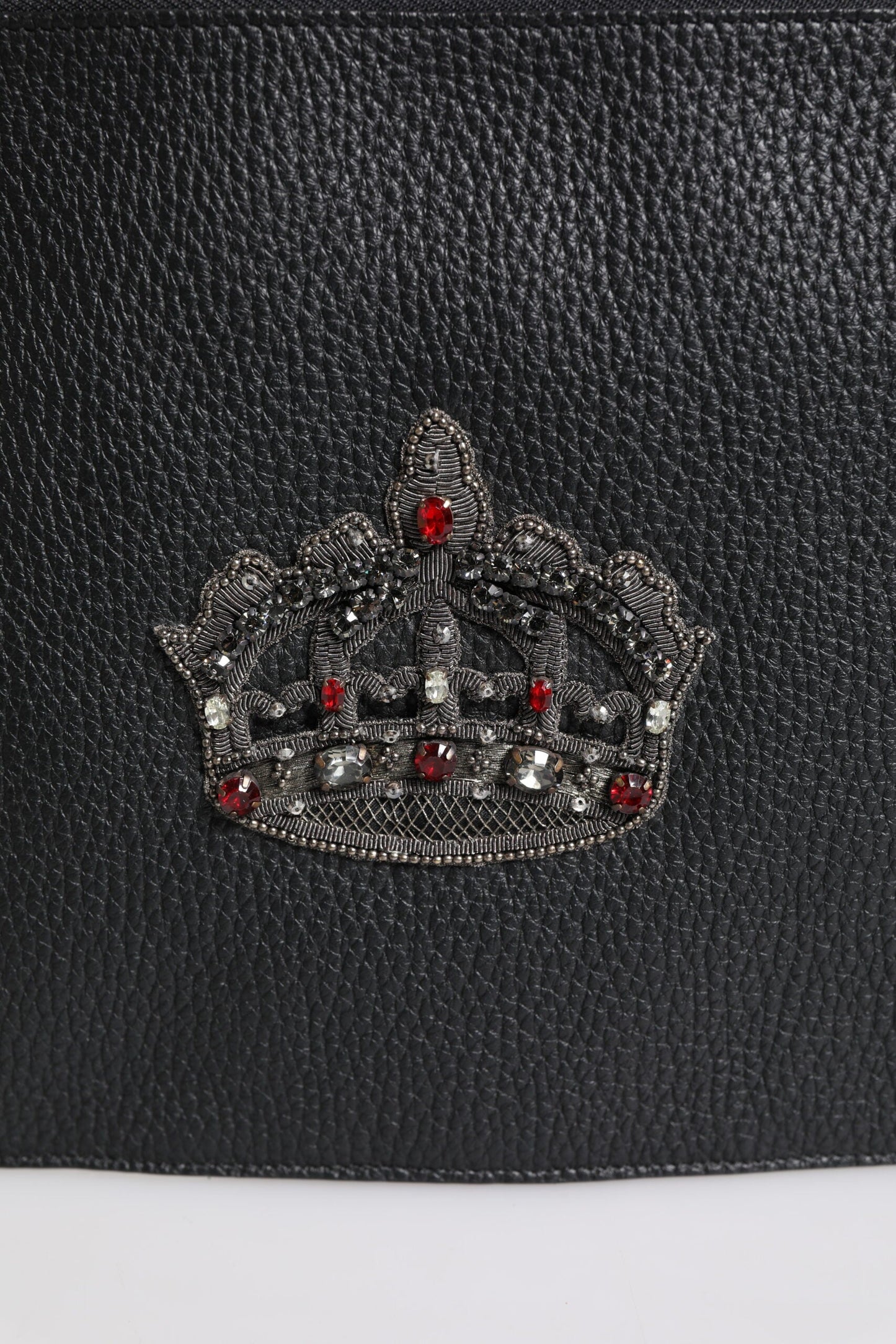 Dolce & Gabbana Black Calfskin Crown Embellished Clutch Pouch Men's Bag