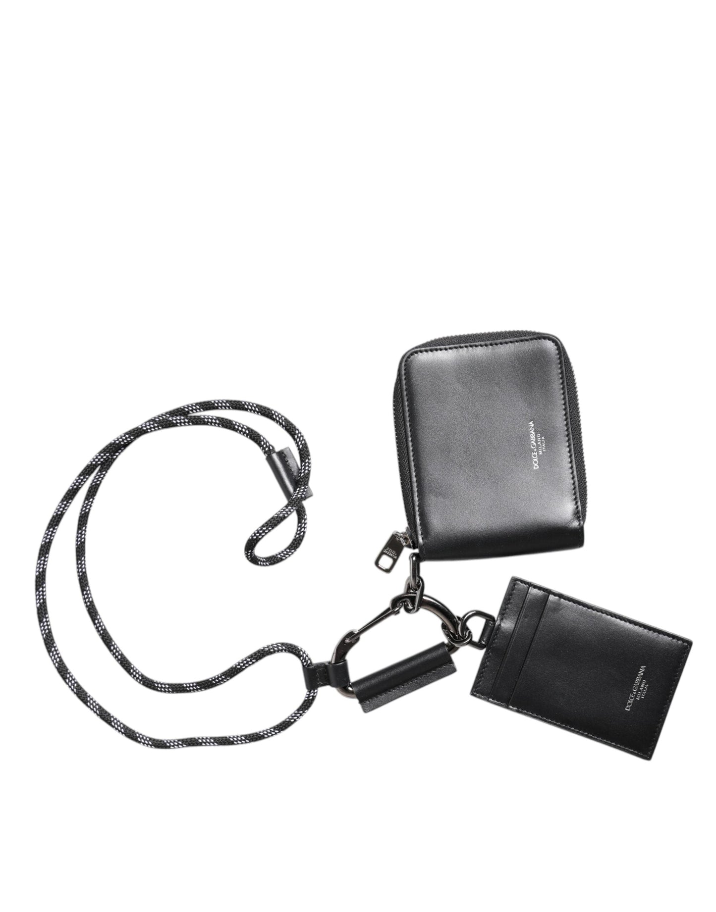 Dolce & Gabbana Black Leather Lanyard Zip Around Card Holder Men's Wallet