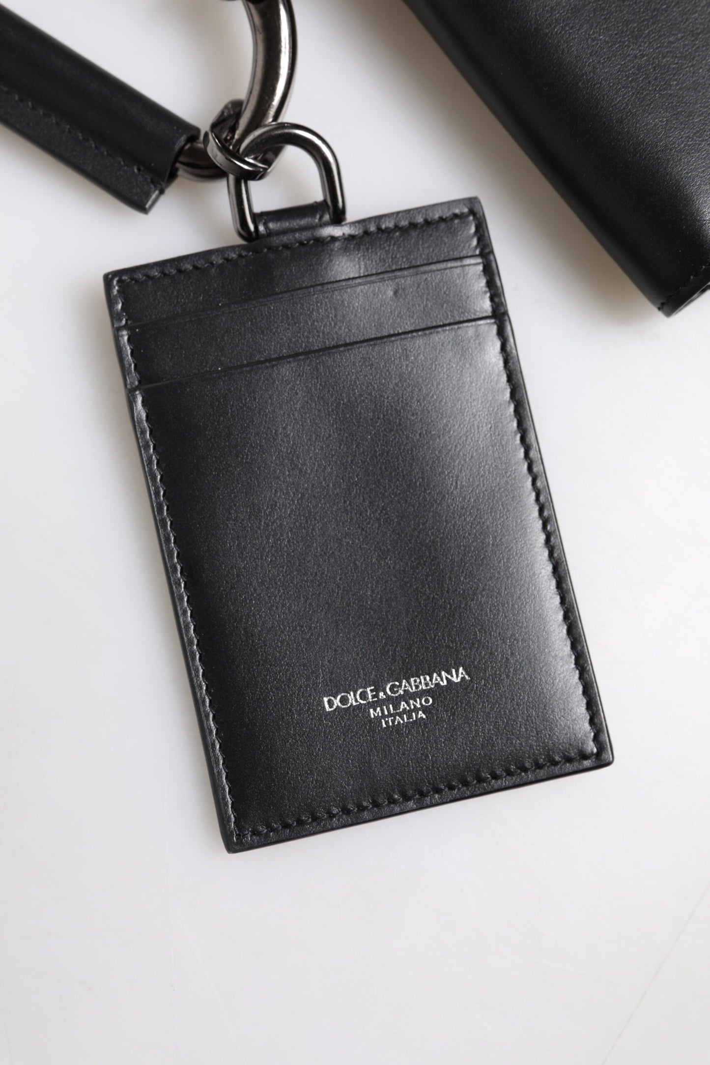 Dolce & Gabbana Black Leather Lanyard Zip Around Card Holder Men's Wallet