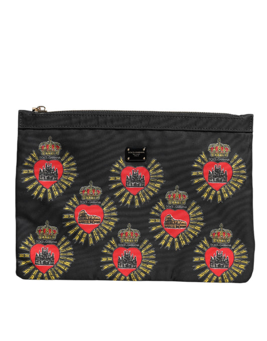 Dolce & Gabbana Black Red Nylon Sacred Heart Clutch Pouch Women's Bag