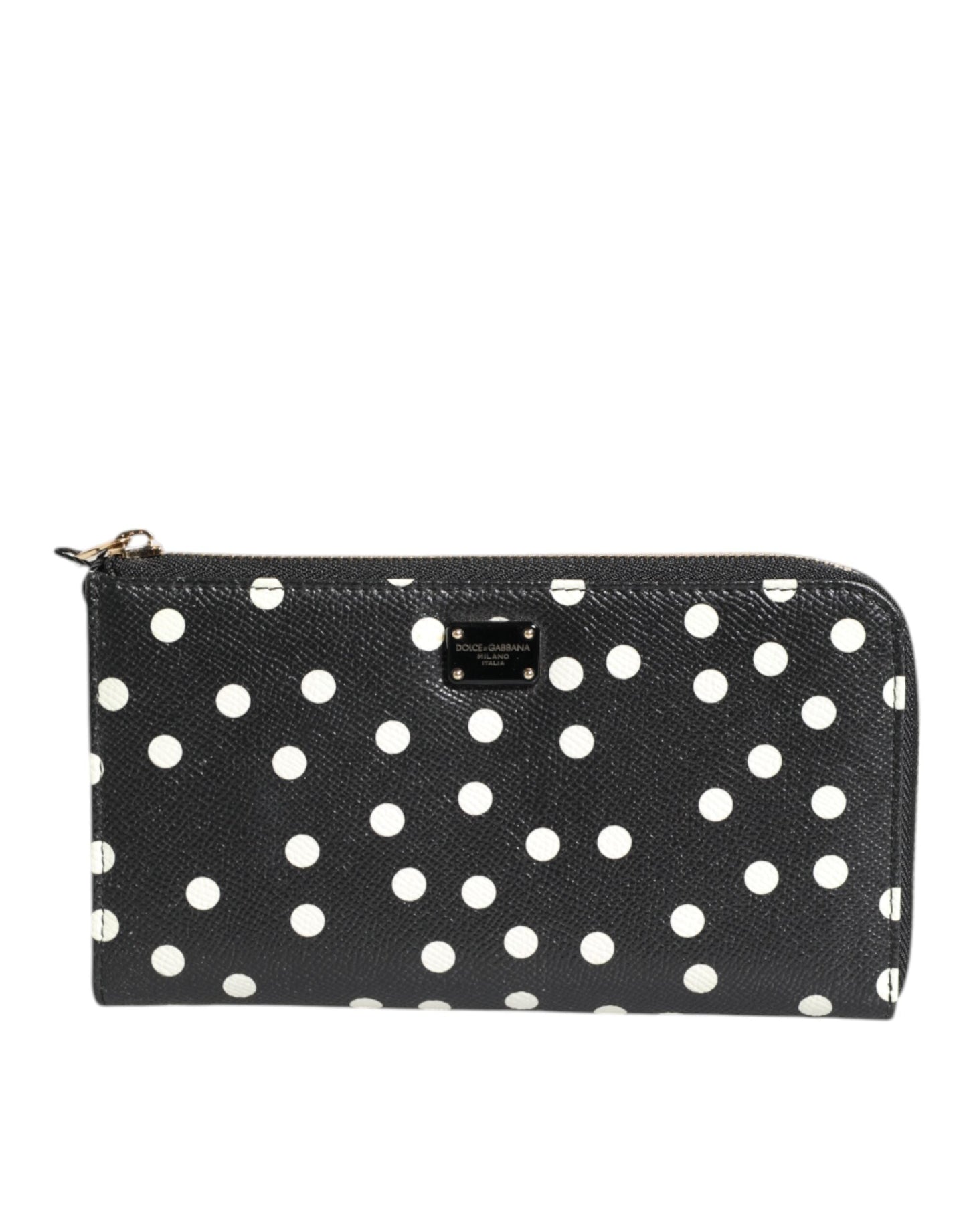 Dolce & Gabbana Black White Dotted Leather Zip Around Continental Women's Wallet