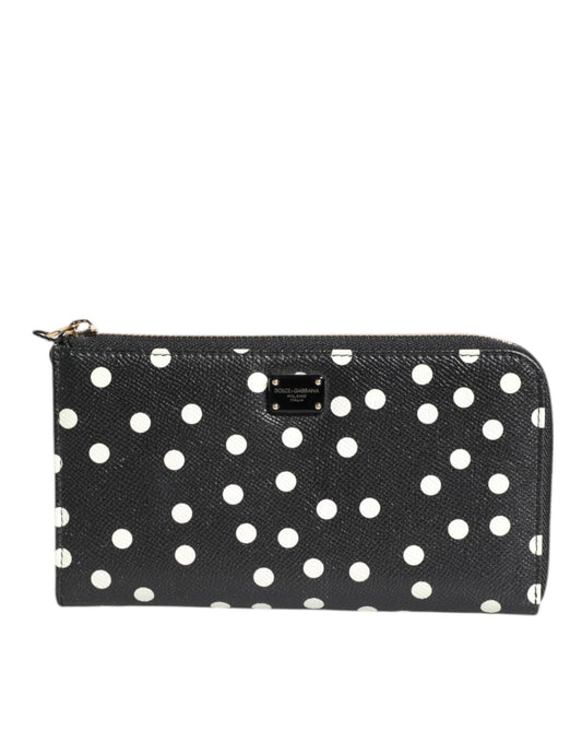 Dolce & Gabbana Black White Dotted Leather Zip Around Continental Women's Wallet
