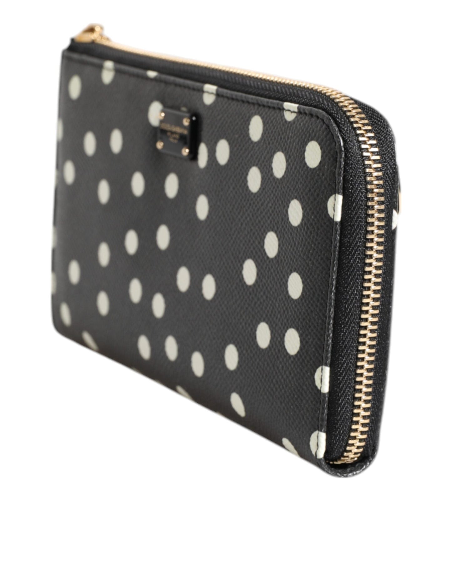 Dolce & Gabbana Black White Dotted Leather Zip Around Continental Women's Wallet
