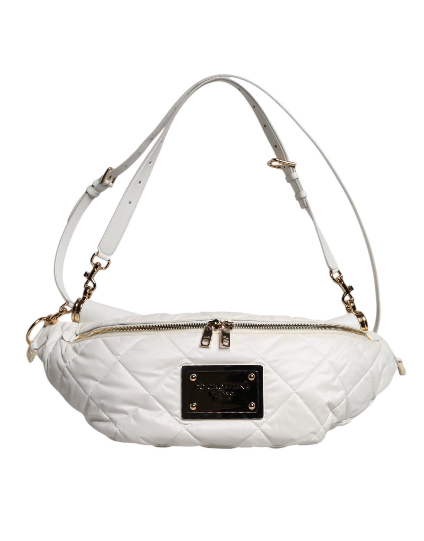 Dolce & Gabbana White Quilted Logo Plaque Belt Waist Fanny Pack Women's Bag