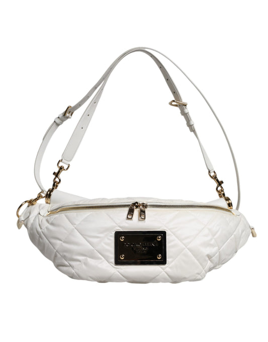 Dolce & Gabbana White Quilted Logo Plaque Belt Waist Fanny Pack Women's Bag