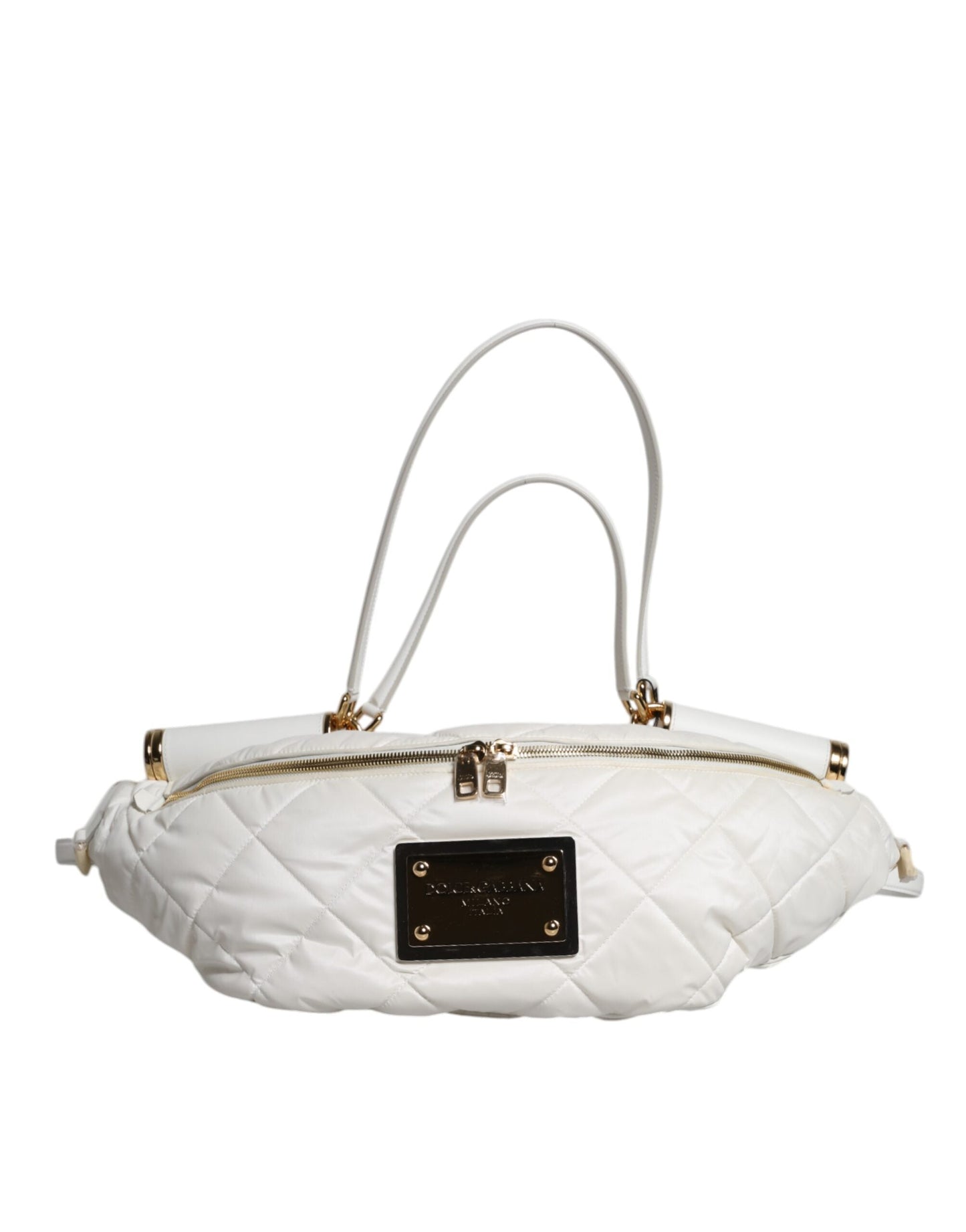 Dolce & Gabbana White Quilted Logo Plaque Belt Waist Fanny Pack Women's Bag