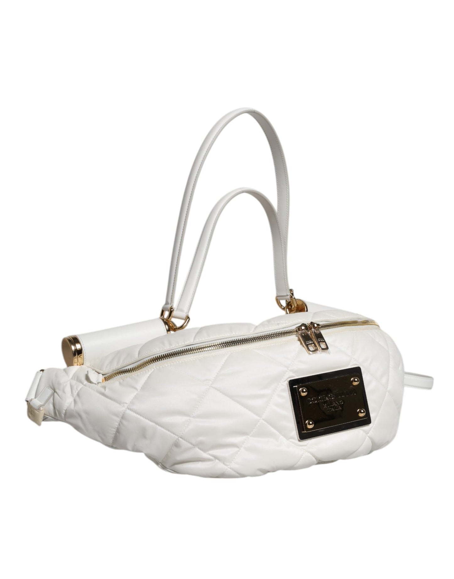 Dolce & Gabbana White Quilted Logo Plaque Belt Waist Fanny Pack Women's Bag