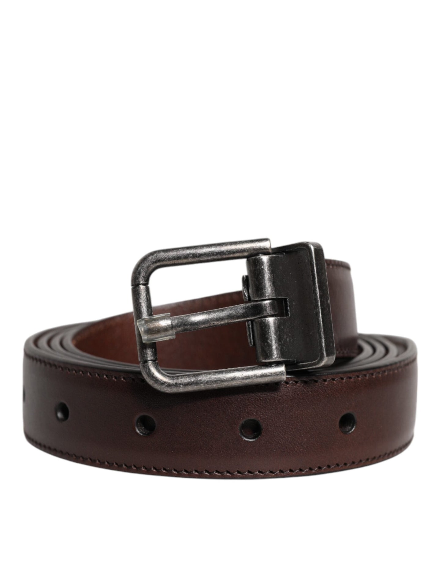 Dolce & Gabbana Brown Leather Silver Metal Buckle Men's Belt