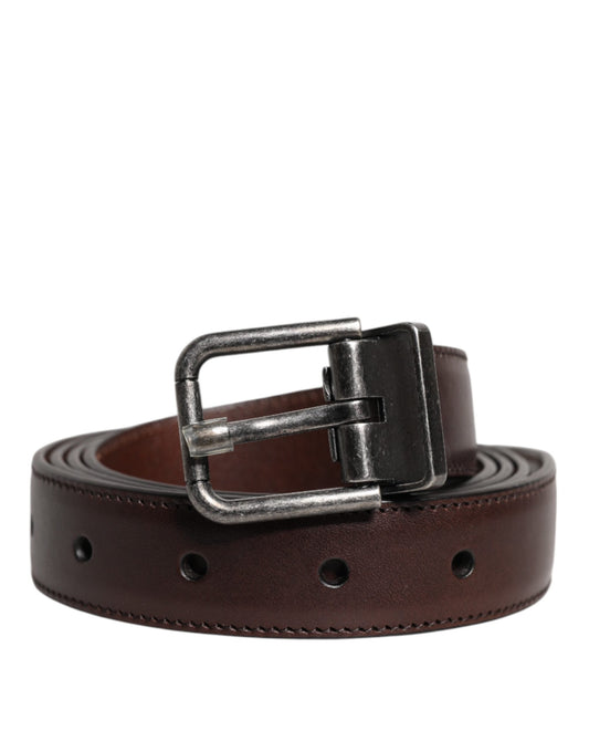Dolce & Gabbana Brown Leather Silver Metal Buckle Men's Belt