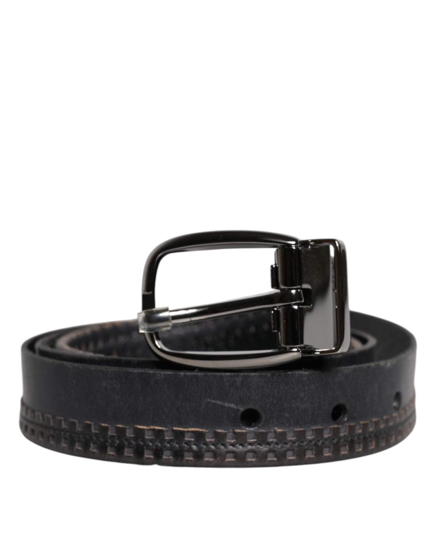 Dolce & Gabbana Black Leather Silver Tone Metal Buckle Men's Belt ()