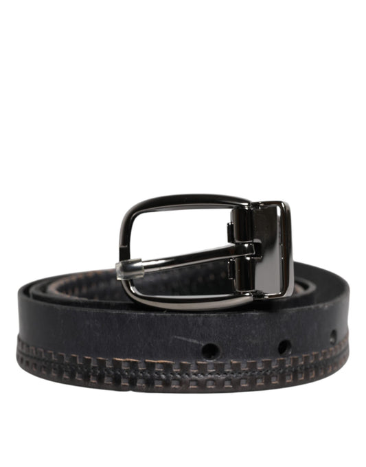 Dolce & Gabbana Black Leather Silver Tone Metal Buckle Men's Belt ()