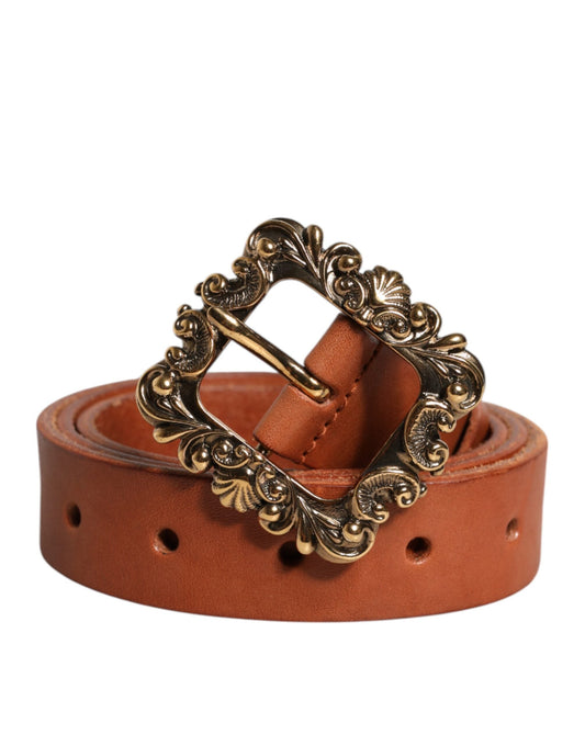 Dolce & Gabbana Brown Leather Gold Metal Baroque Buckle Men's Belt ()