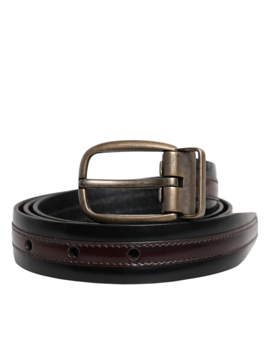 Dolce & Gabbana Black Burgundy Calfskin Metal Logo Buckle Men's Belt
