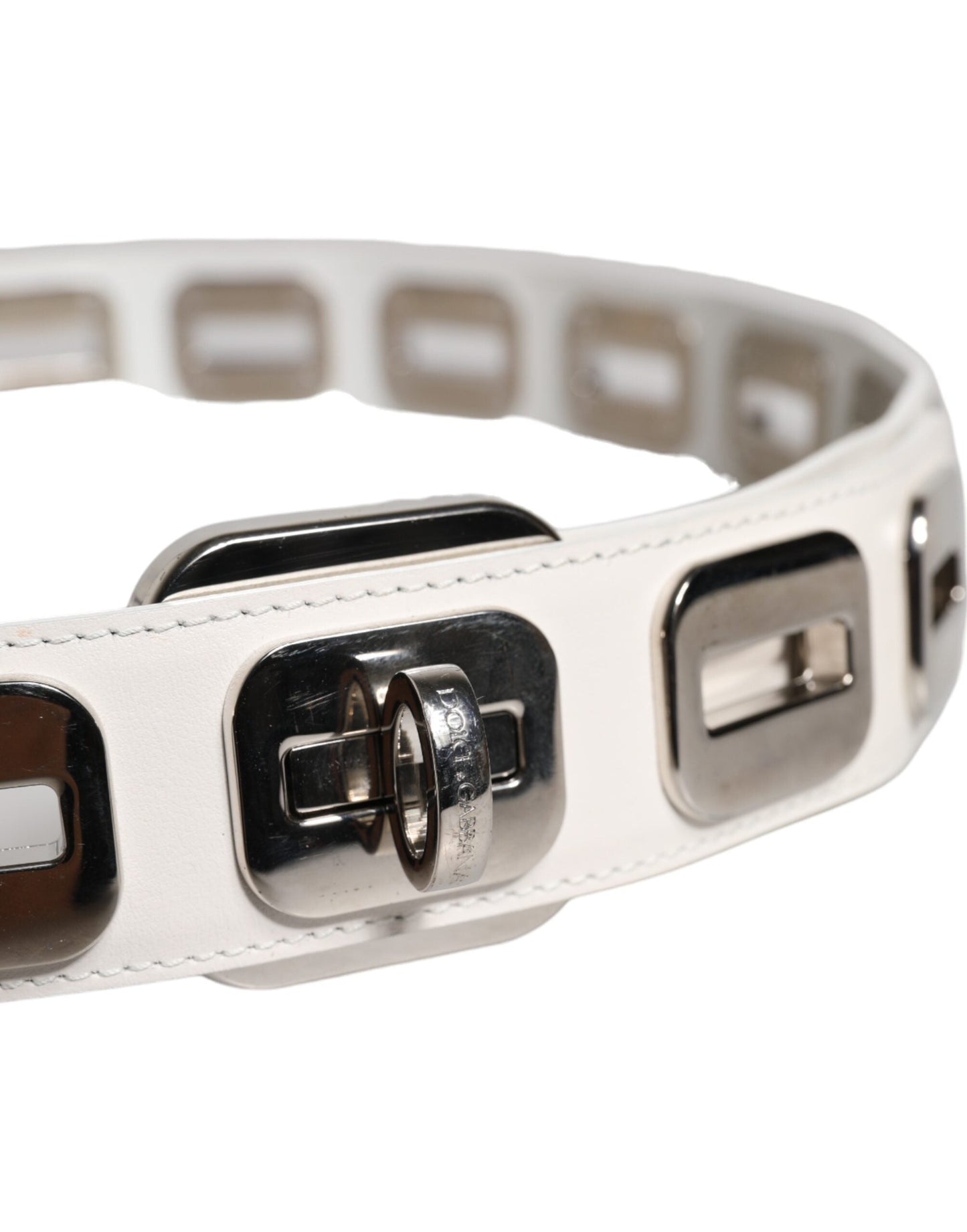 Dolce & Gabbana White Leather Gold Tone Rotating Buckle Women's Belt