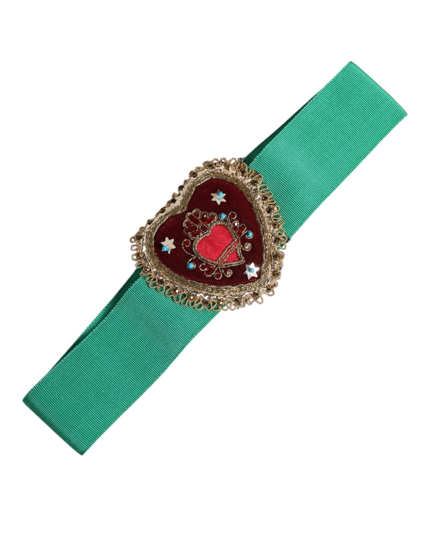 Dolce & Gabbana Green Stretch Wide Waist Heart Embellished Women's Belt