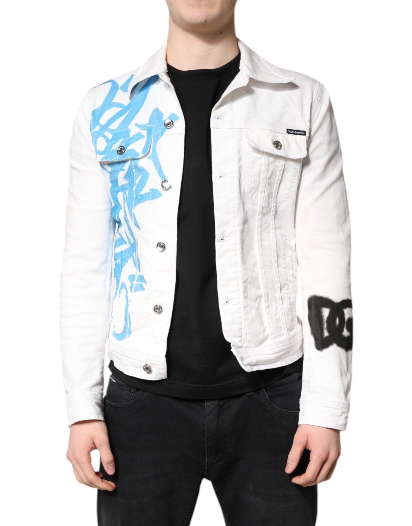 Dolce & Gabbana White Graffiti Cotton Stretch Denim Men's Jacket ()