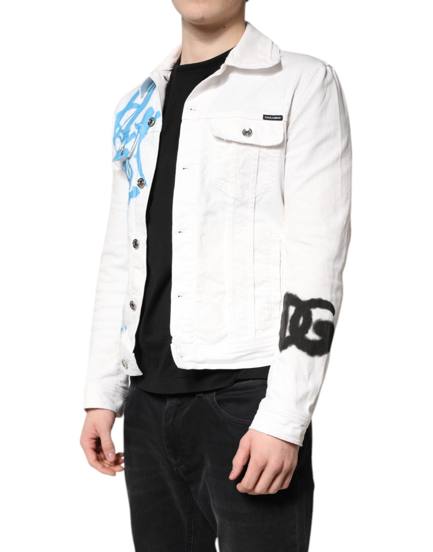 Dolce & Gabbana White Graffiti Cotton Stretch Denim Men's Jacket ()