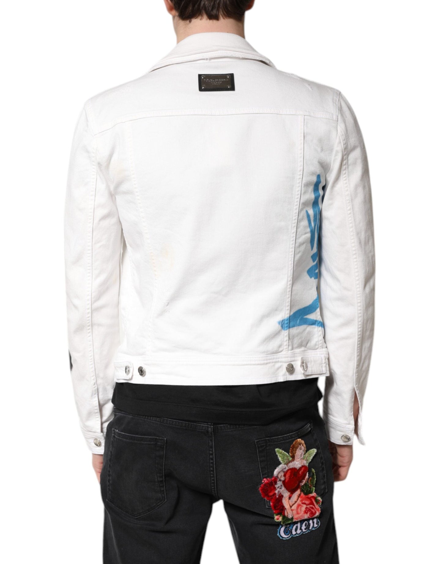Dolce & Gabbana White Graffiti Cotton Stretch Denim Men's Jacket ()