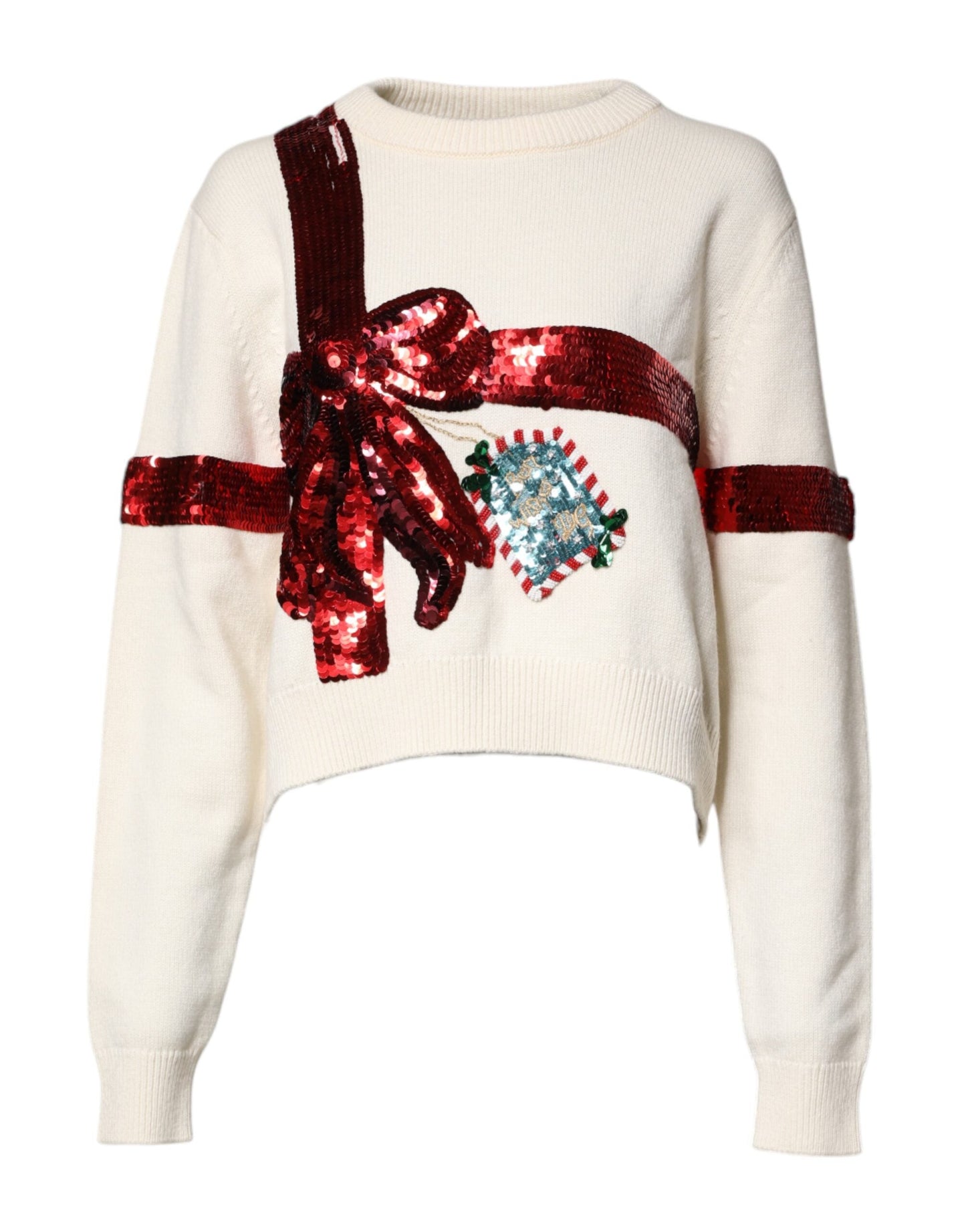 Dolce & Gabbana White Sequined Crew Neck Pullover Women's Sweater ()