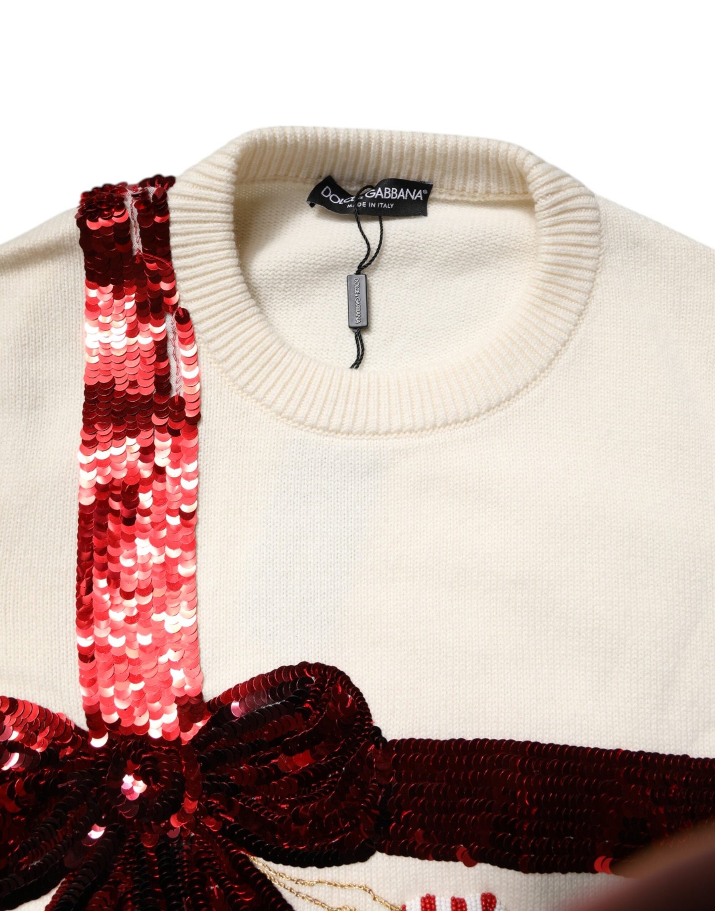 Dolce & Gabbana White Sequined Crew Neck Pullover Women's Sweater ()