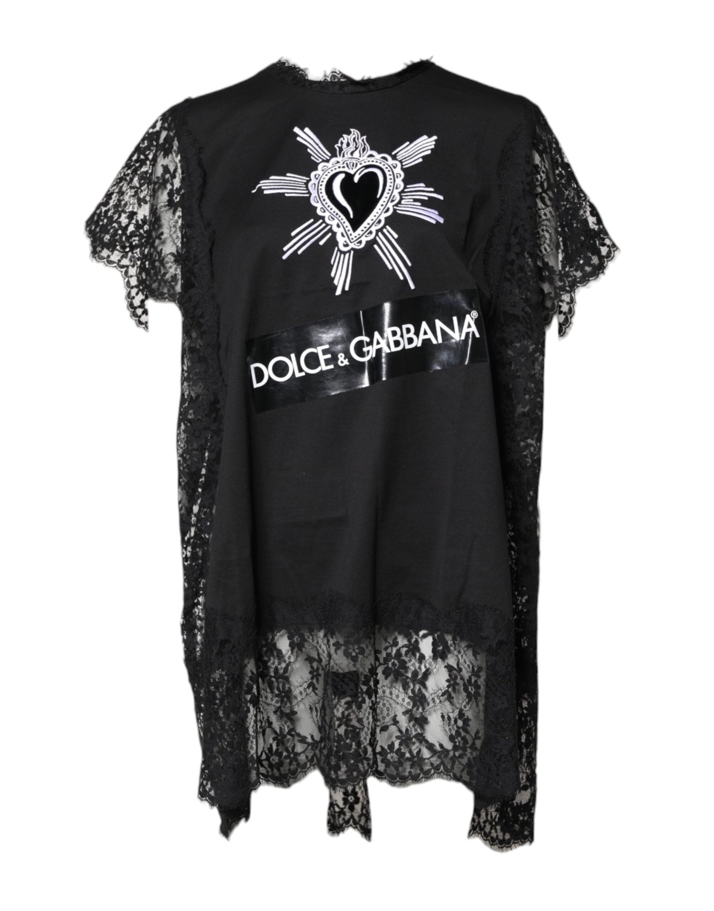 Dolce & Gabbana Black Lace Sheer Sacred Heart Crew Neck Women's Top