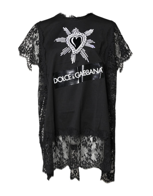 Dolce & Gabbana Black Lace Sheer Sacred Heart Crew Neck Women's Top