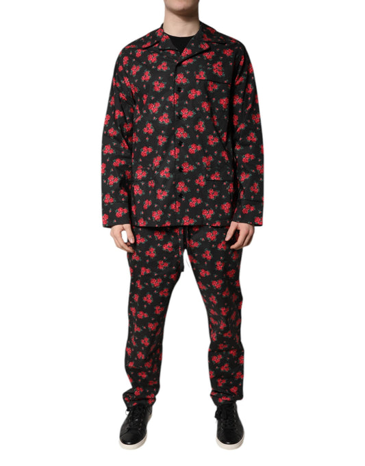 Dolce & Gabbana Black Floral Print Cotton Men Pajama Set Men's Sleepwear