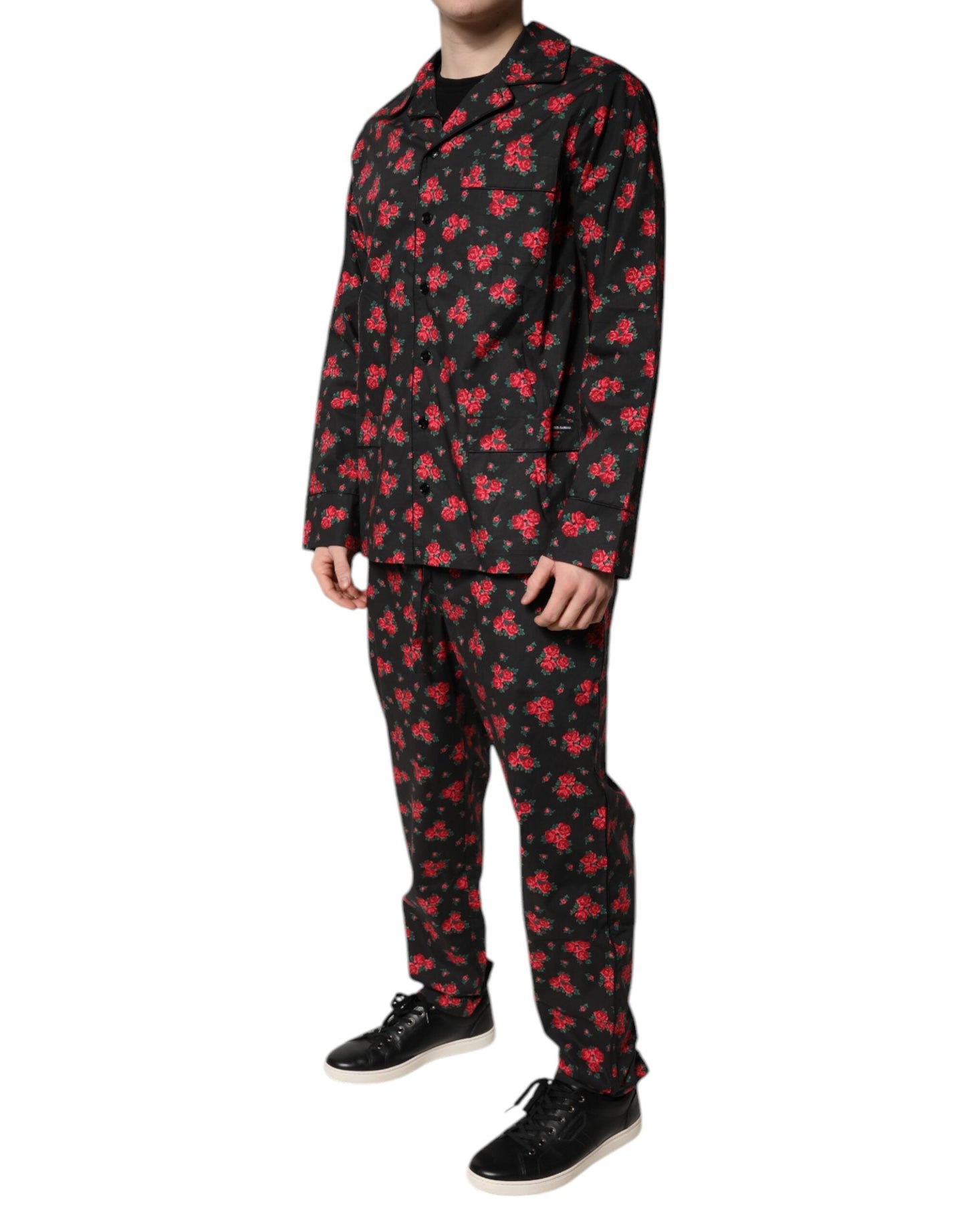 Dolce & Gabbana Black Floral Print Cotton Men Pajama Set Men's Sleepwear
