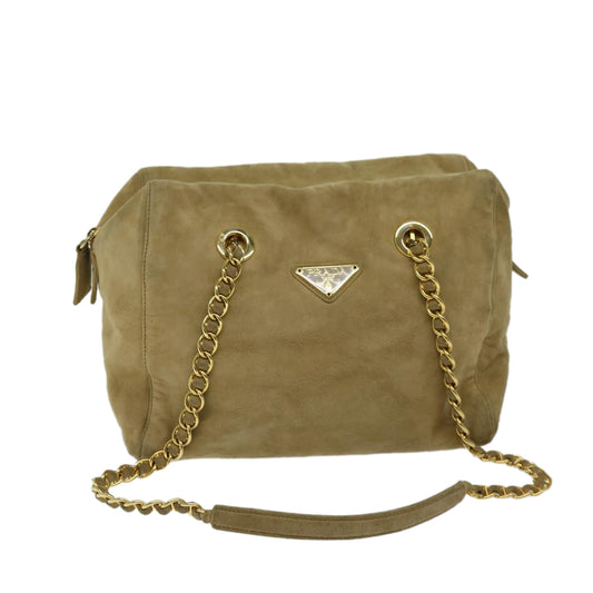 PRADA Chain Shoulder Bag Suede Beige  69664