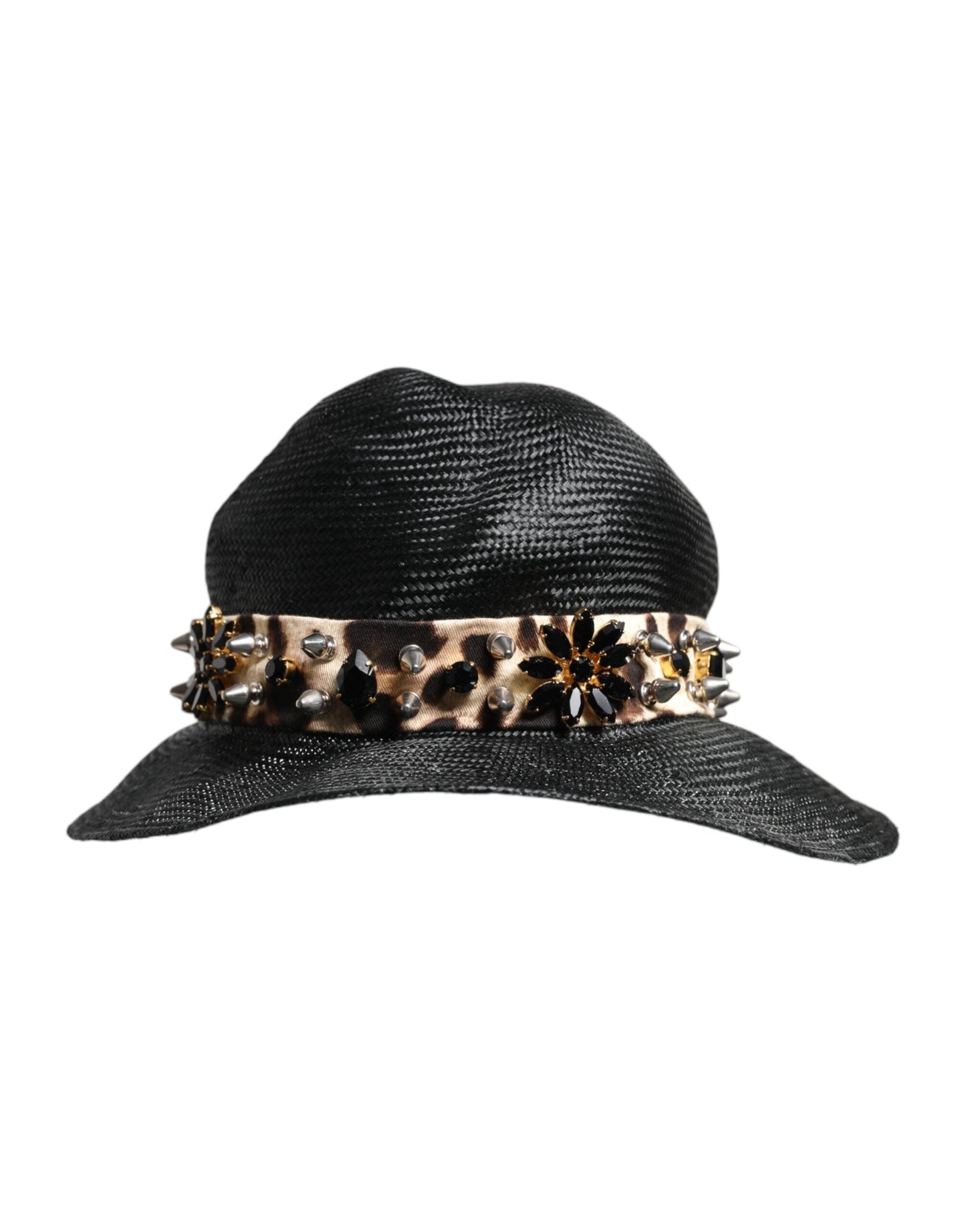 Dolce & Gabbana Black Straw Crystal Embellished Wide Brim Women's Hat
