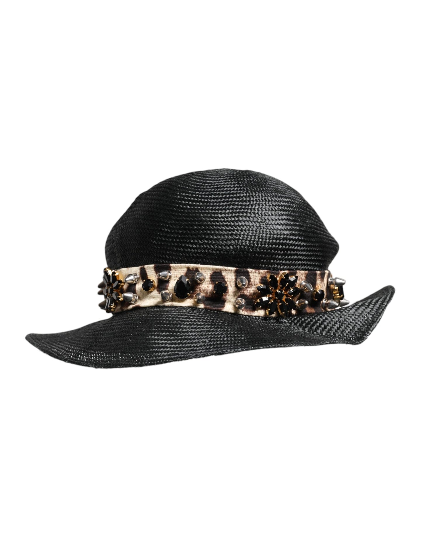 Dolce & Gabbana Black Straw Crystal Embellished Wide Brim Women's Hat
