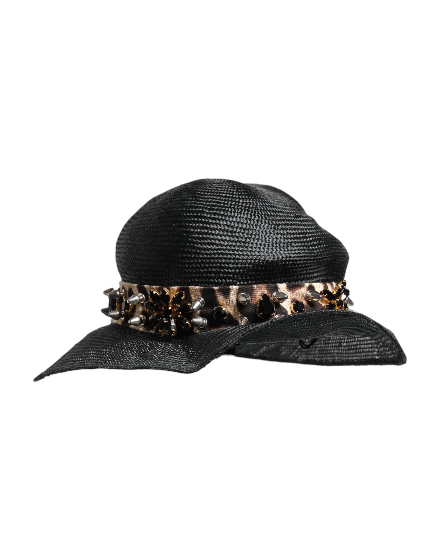 Dolce & Gabbana Black Straw Crystal Embellished Wide Brim Women's Hat