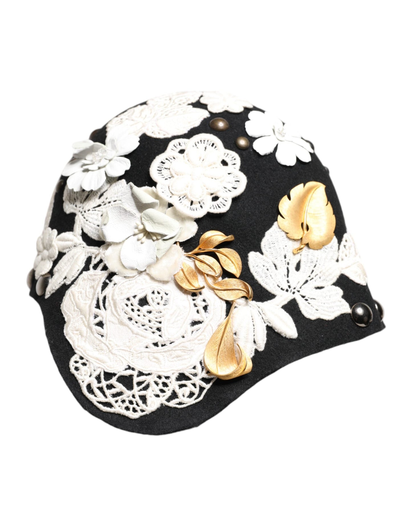 Dolce & Gabbana Black Wool White Floral Gold Leaf Cloche Women's Hat