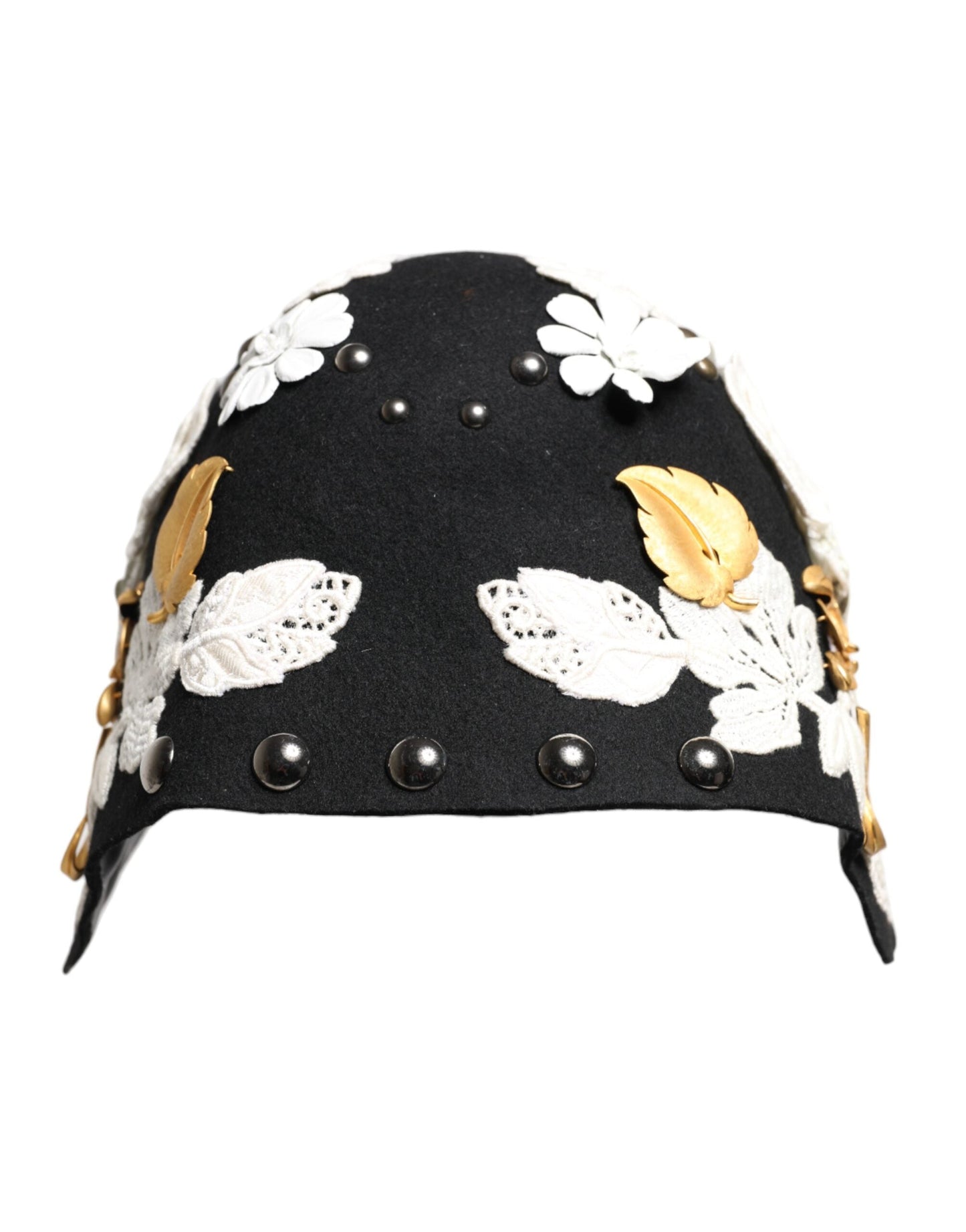 Dolce & Gabbana Black Wool White Floral Gold Leaf Cloche Women's Hat