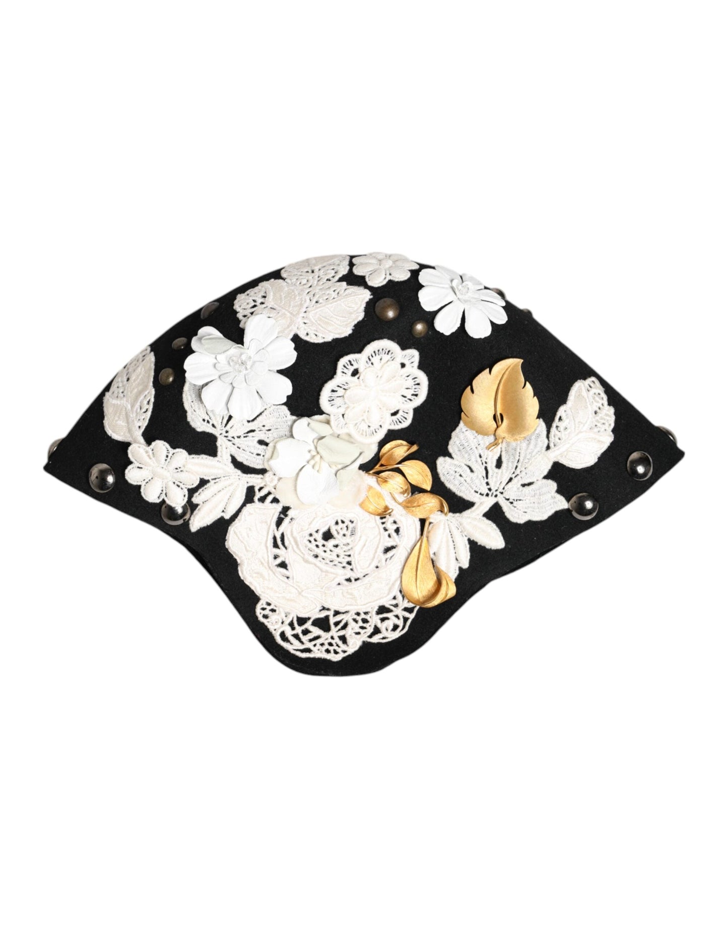 Dolce & Gabbana Black Wool White Floral Gold Leaf Cloche Women's Hat
