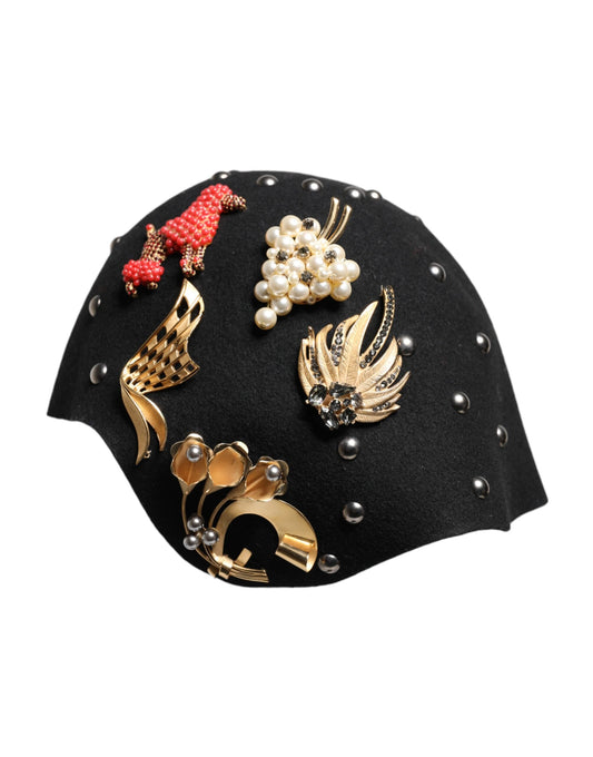 Dolce & Gabbana Black Wool Multicolor Embellished Cloche Women's Hat