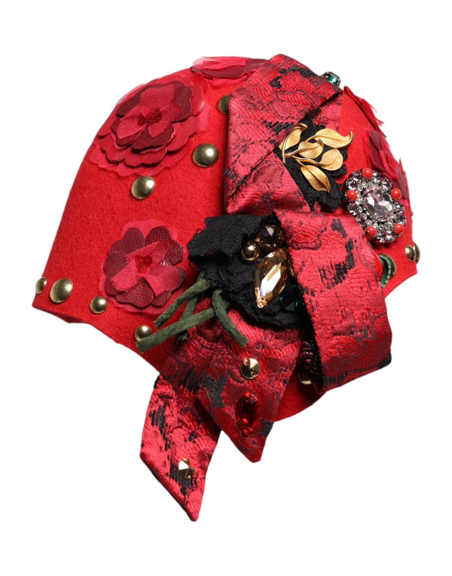 Dolce & Gabbana Red Crystal Gold Roses Brooch Embellished Women's Hat ()