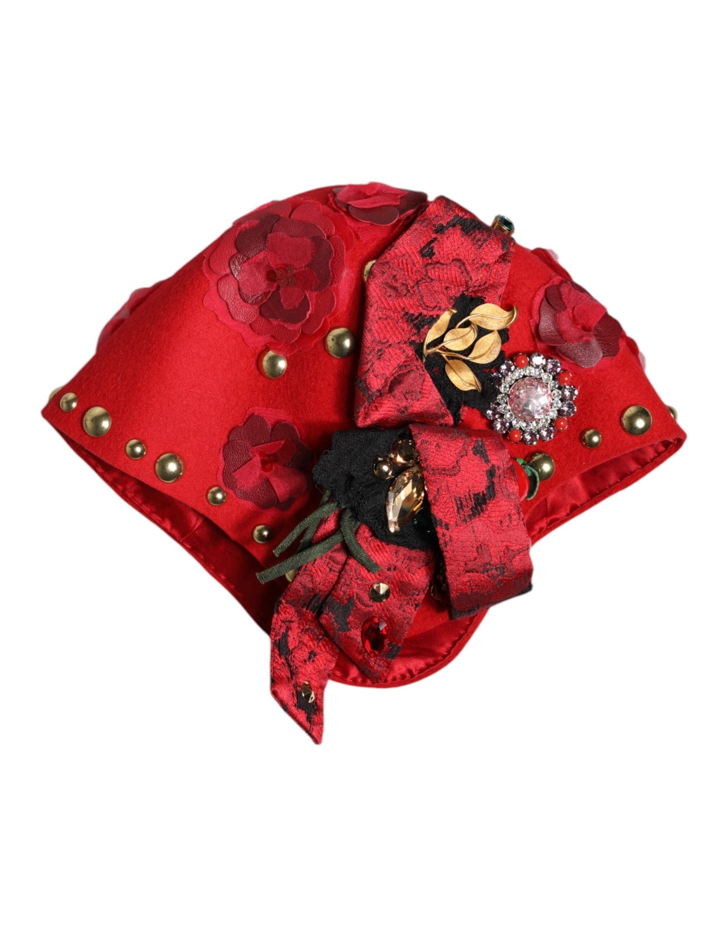 Dolce & Gabbana Red Crystal Gold Roses Brooch Embellished Women's Hat ()