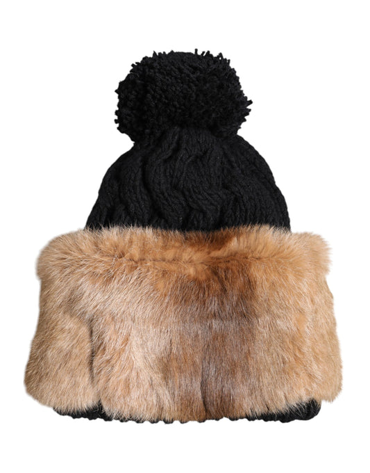 Dolce & Gabbana Black Brown Dyed Rabbit Real Fur Winter Beanie Women's Hat