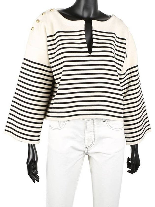 CELINE Striped Open Collar Button Cropped Knit Top Black Ivory