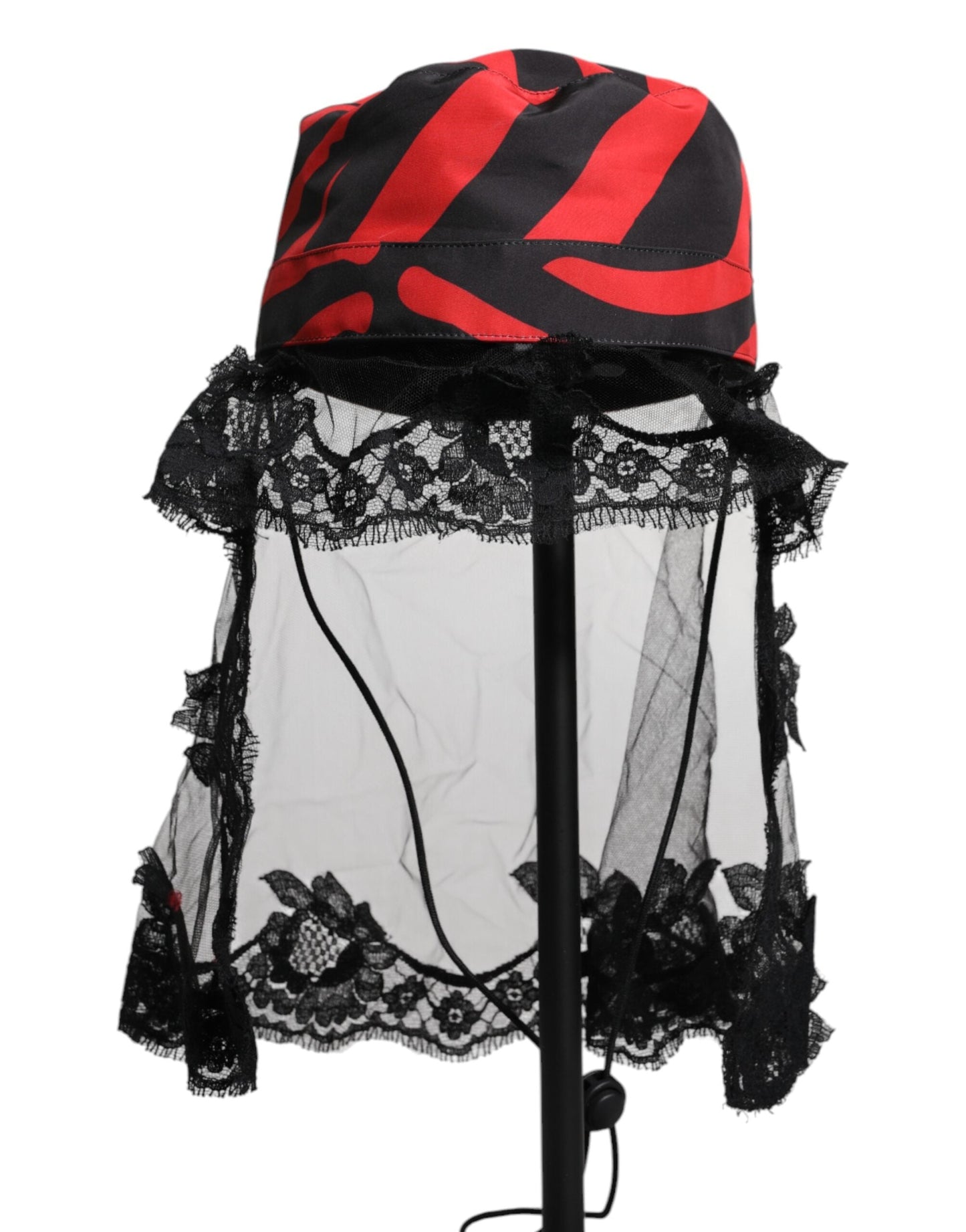 Dolce & Gabbana Black Red Stripes Lace Tulle Bucket Women's Hat