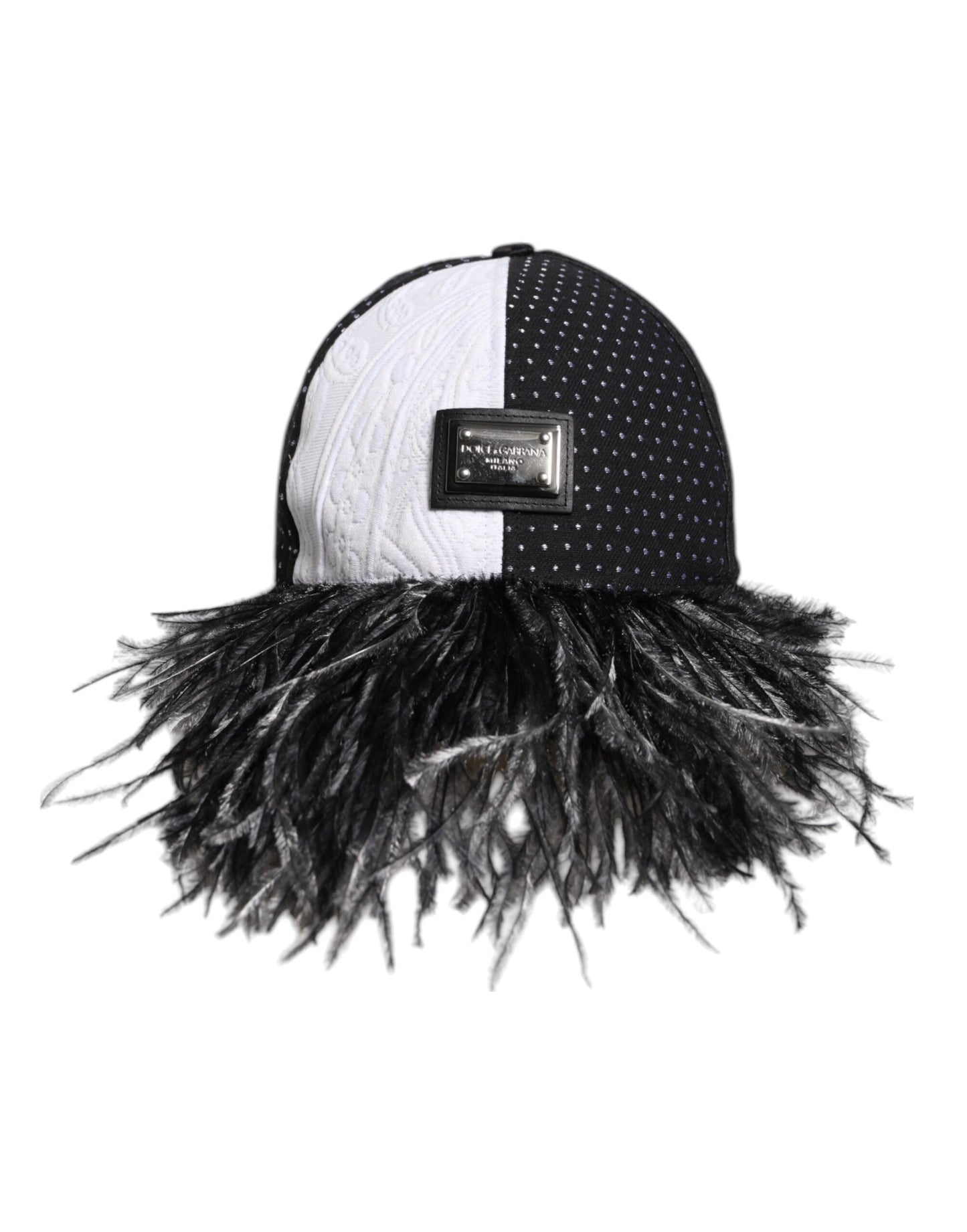 Dolce & Gabbana White Black Polka Dot Feathers Baseball Women's Cap