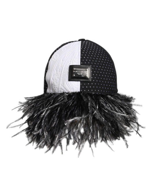 Dolce & Gabbana White Black Polka Dot Feathers Baseball Women's Cap
